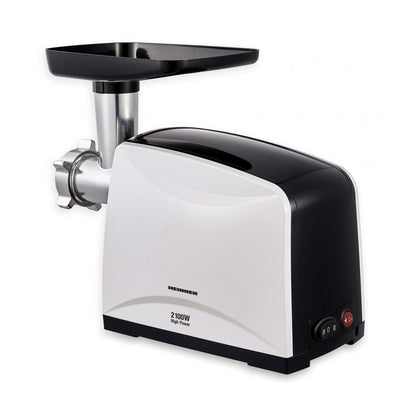 Masina de tocat carne Heinner MG-2100BKWH, 2100 W, accesoriu rosii, Cutit Inox, Negru/Alb