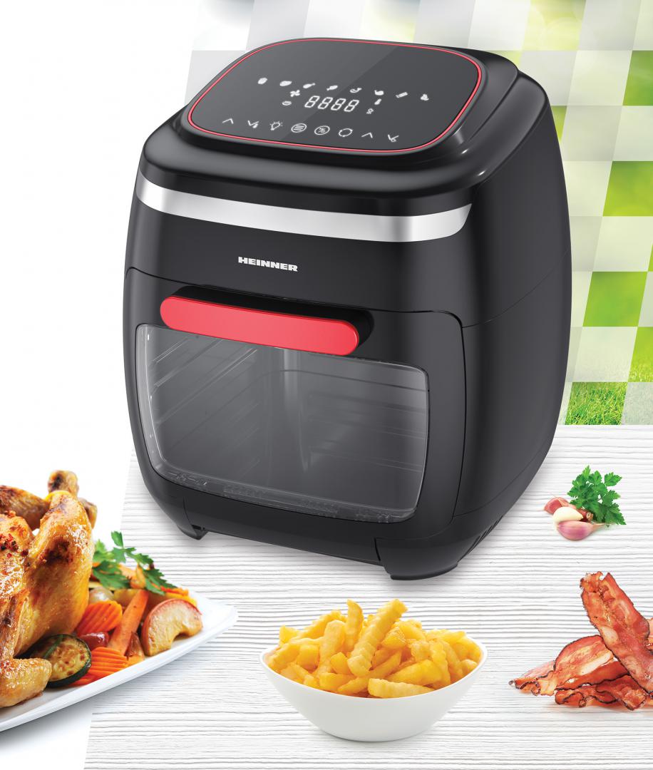Friteuza cu aer cald Heinner Aifryer Crystal Clear HAF-B2000FB, gatire fara ulei, 2000W, capacitate cos 4.5L, capacitate cuptor 11L, 8 programe, 3 rafturi pentru preparare cu aer cald, afisaj digital, tija rotisor, termostat reglabil: 30-200˚C