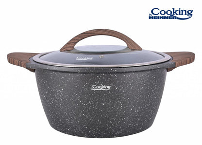 Set pentru gatit cu 6 piese Cooking by Heinner, aluminiu turnat, interior ceramic cu aspect marmorat, capace din sticla