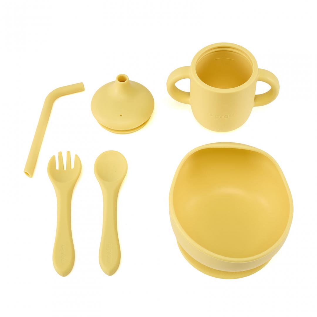 Set 4 Piese Diversificare Din Silicon: Cana Cu Pai, Bol , Lingurita Si Furculita, U-Grow