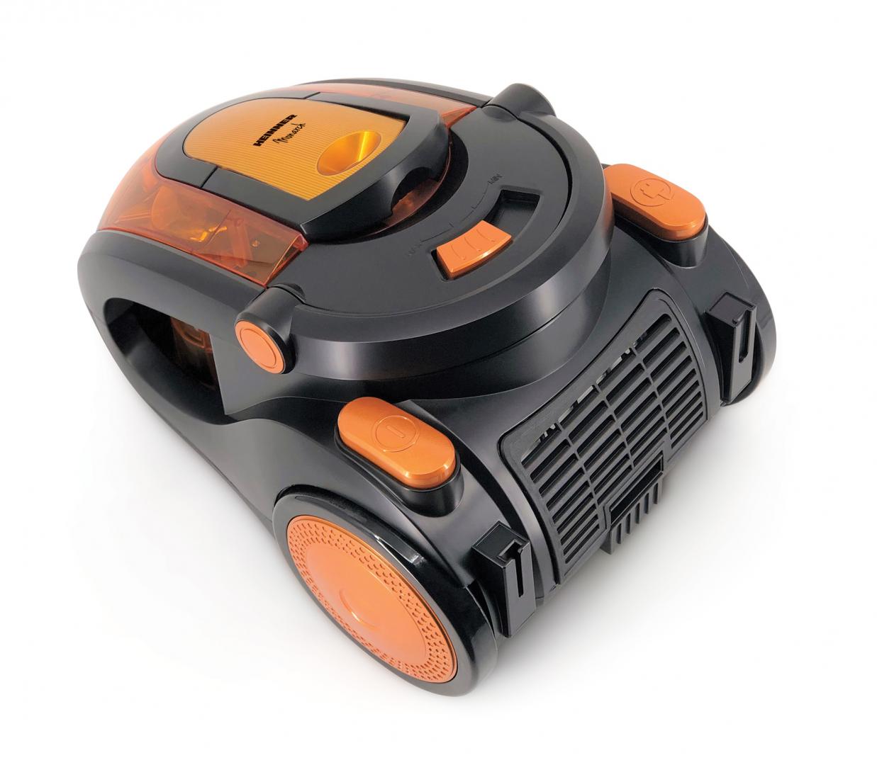 Aspirator fara sac Heinner Monarch HVC-V800BK, 800W, putere absorbtie >180W, 2.2L, tija telescopica din metal, accesorii 2 in 1, perie canapea, negru/orange