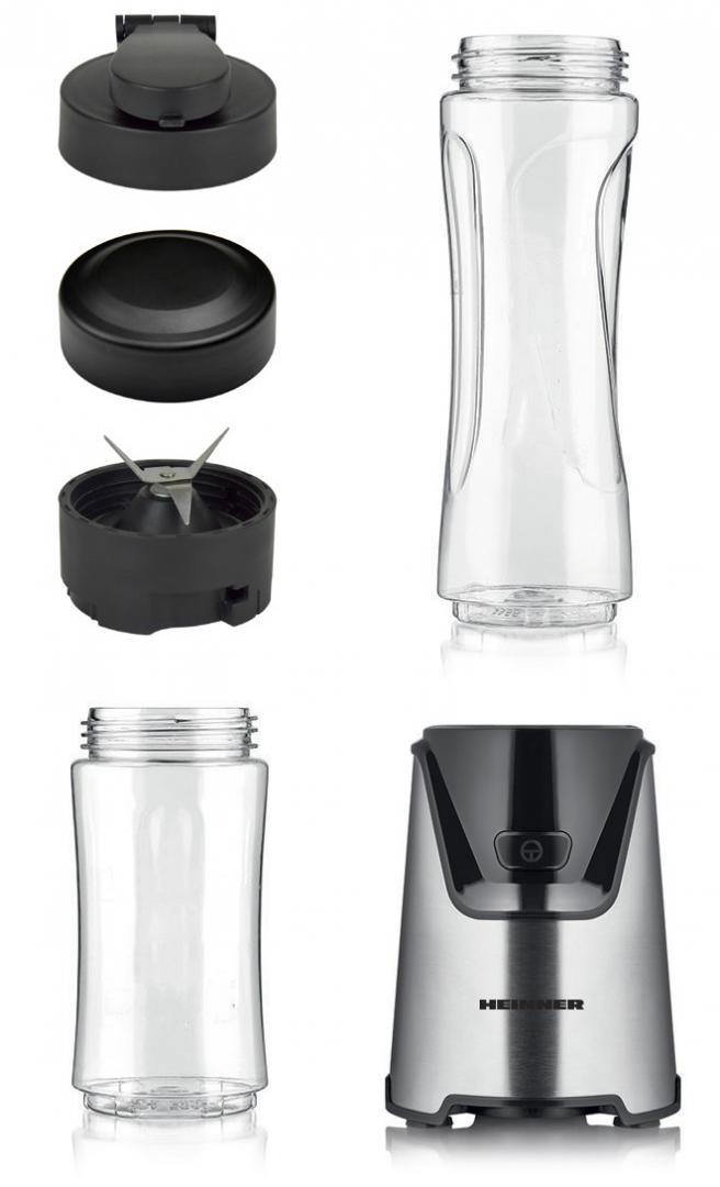 Blender sport Heinner WellGo Mix 400 HSB-T400SS, 400W, recipiente Tritan fara BPA 600/400ML, buton ON/OFF, 19000RPM, lame din inox, carcasa din inox, argintiu/negru