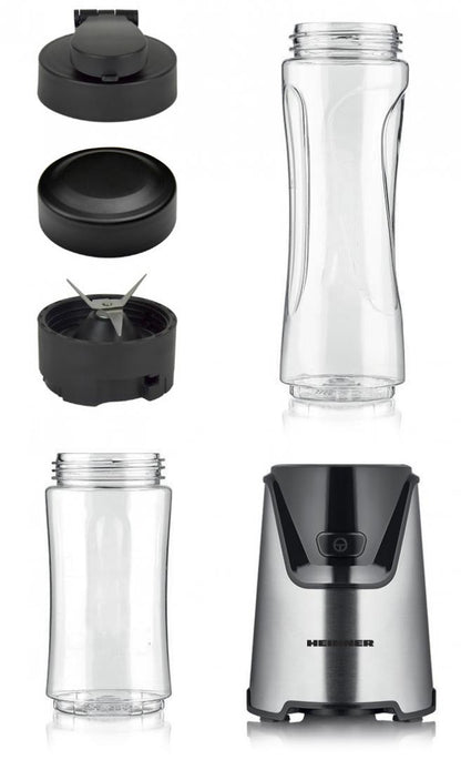 Blender sport Heinner WellGo Mix 400 HSB-T400SS, 400W, recipiente Tritan fara BPA 600/400ML, buton ON/OFF, 19000RPM, lame din inox, carcasa din inox, argintiu/negru