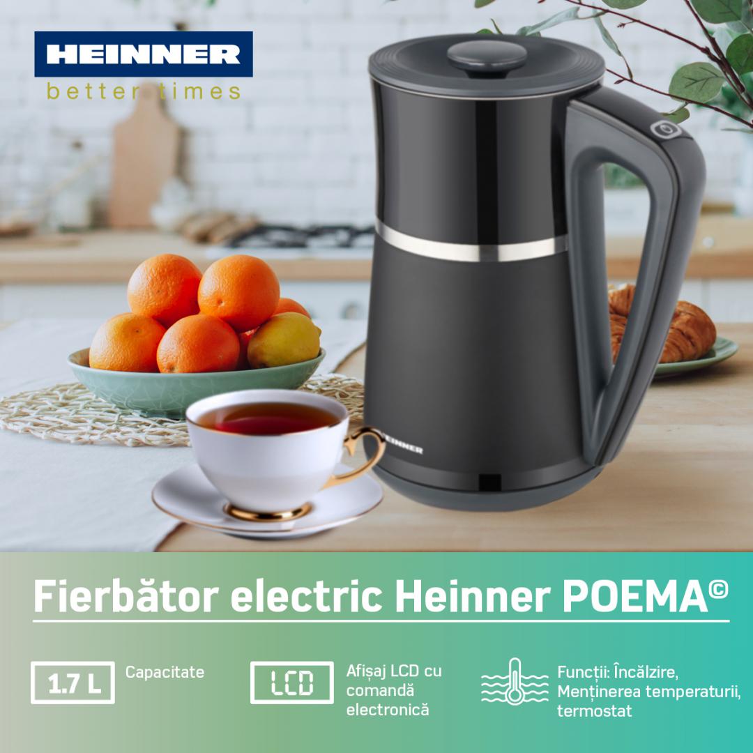 Fierbator electric Heinner HEK-D22002WBK, 1850-2200w, capacitate 1.7l, afisaj LCD, comanda electronica, oprire automata, 5 trepte de temperatura (40/60/80/90/100°C), negru