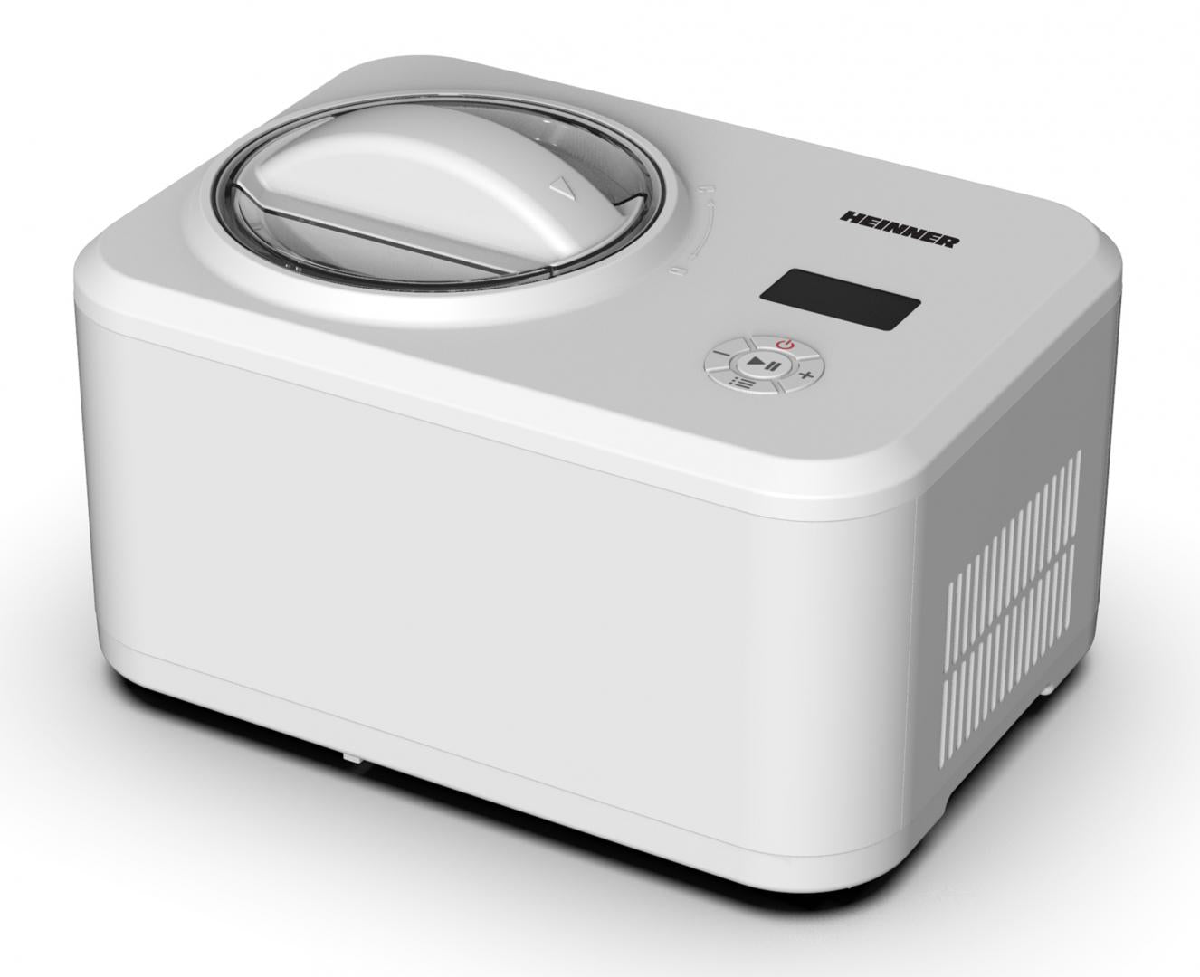 Aparat pentru preparat inghetata Heinner Glace HICM-150WHYG, Capacitate bol 1.5L, Compresor incorporat, Dsiplay LED, Timer, Mentinere la rece, Functie iaurt, Bol inghetata detasabil, 150W, Alb