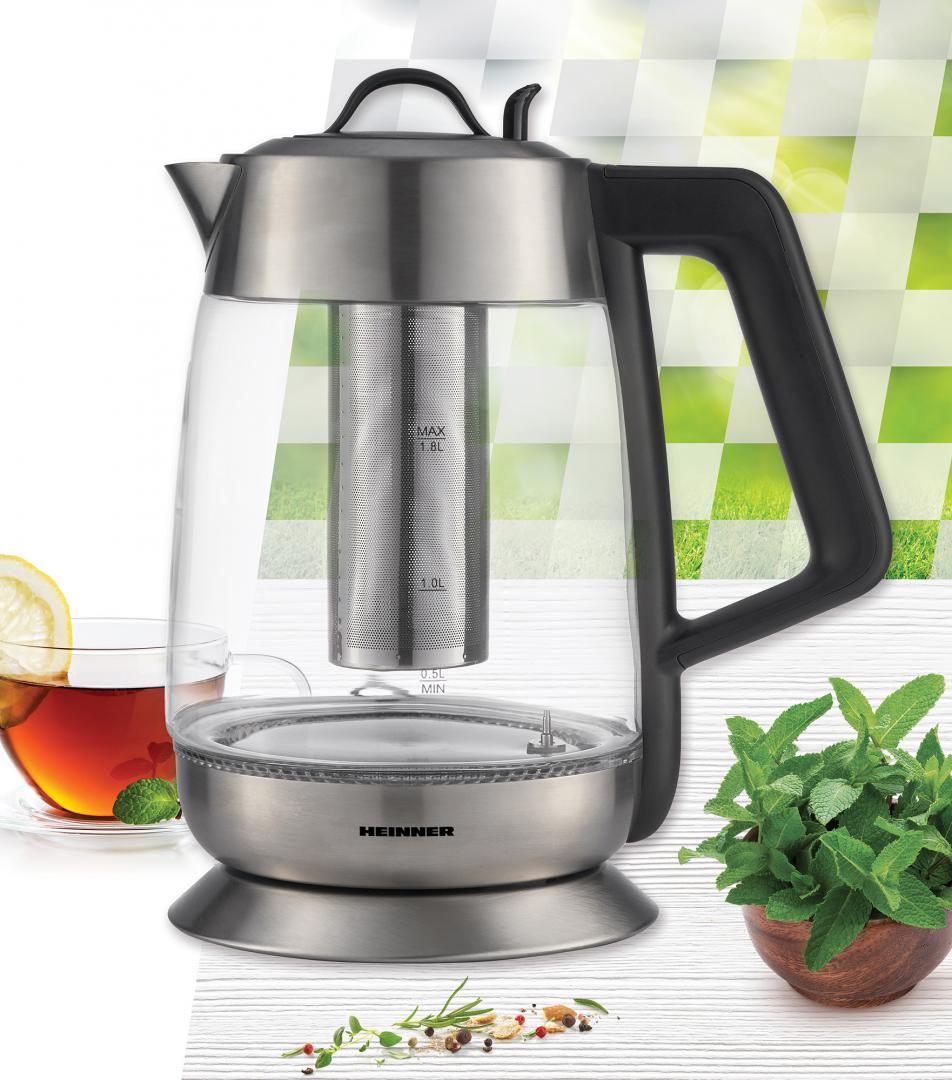 Fierbator cu filtru de ceai Heinner HEK-TF18GX, 1.8 L, 5 setari temperatura, iluminare colorata, control touch, element inox, oprire automata, Inox/Sticla
