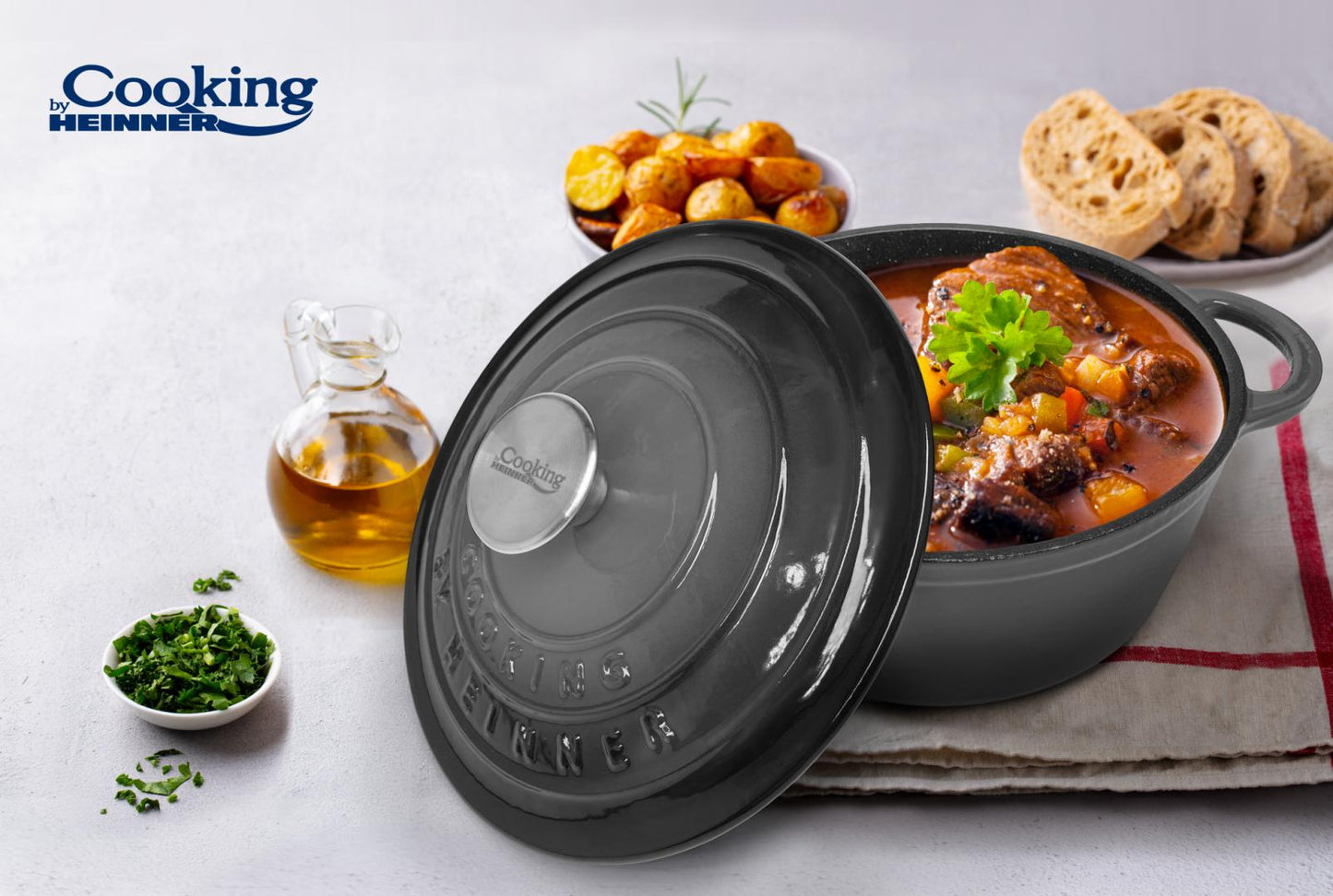 Cratita 2.9L Cooking by Heinner Marble Grey cu capac, fonta emailata, 22X9.5 cm