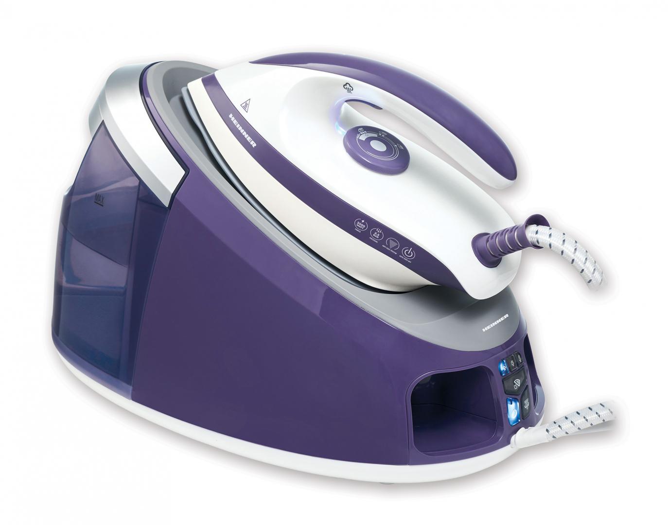 Statie de calcat cu boiler Heinner HIS-D3006V, 3000 W (2200W boiler + 800W fier), 5.5 bar, 1.7 L, Abur ajustabil: 140+/-15g/min talpa ceramica, oprire automata, Mov