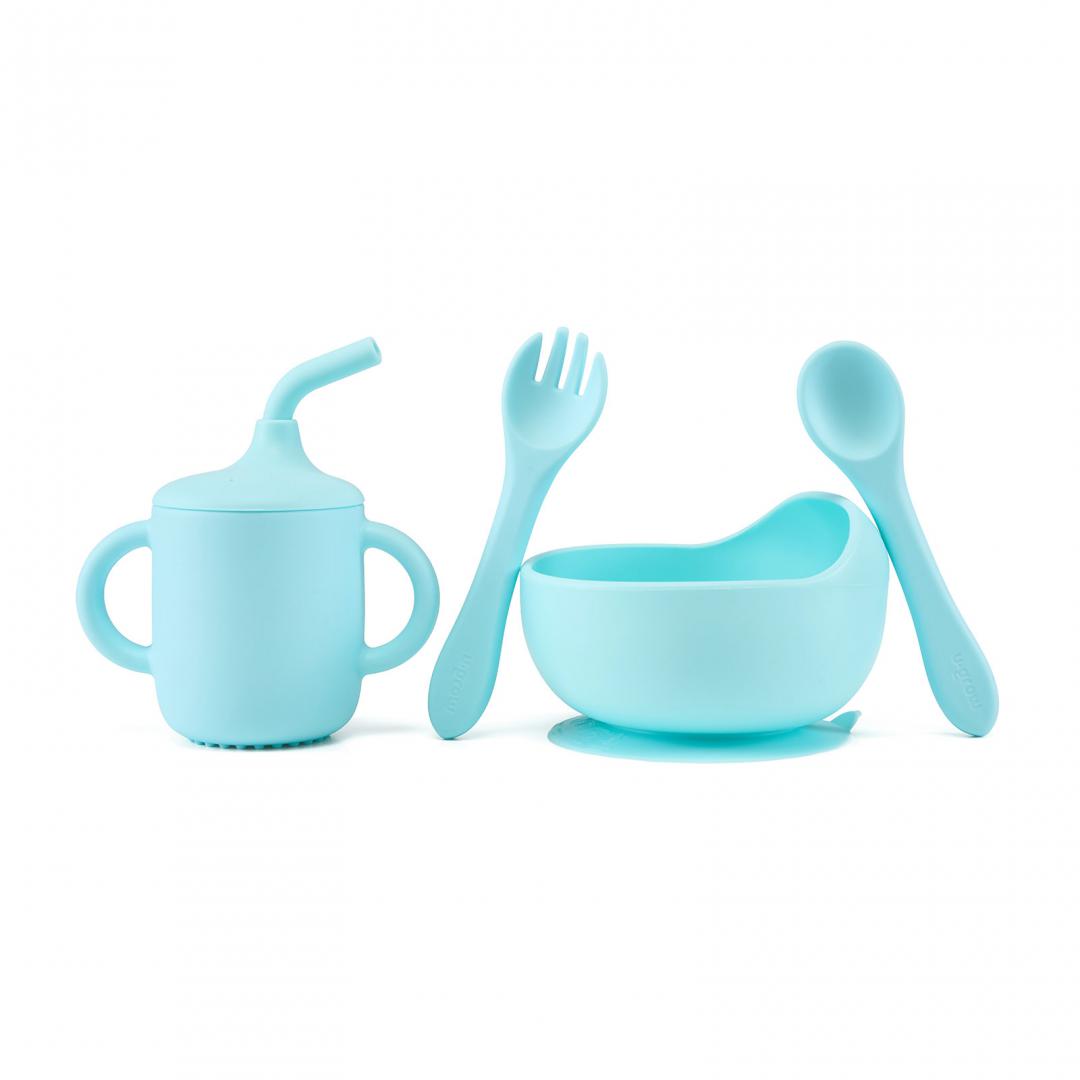 Set 4 Piese Diversificare Din Silicon: Cana Cu Pai, Bol , Lingurita Si Furculita, Blue, U-Grow