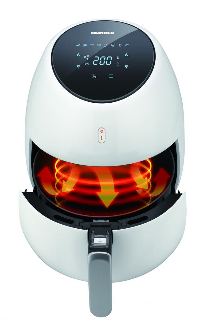 Friteuza cu aer cald Heinner Airfryer SnowDrop HAF-B2000WH, gatire fara ulei, 2000W, vas detasabil anti-adeziv, capacitate cos: 5L, afisaj digital, termostat reglabil: 80-200˚C, timer max. 60 min, Alb