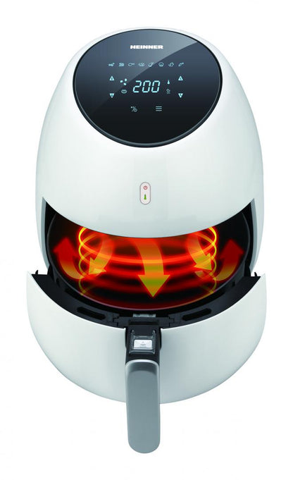 Friteuza cu aer cald Heinner Airfryer SnowDrop HAF-B2000WH, gatire fara ulei, 2000W, vas detasabil anti-adeziv, capacitate cos: 5L, afisaj digital, termostat reglabil: 80-200˚C, timer max. 60 min, Alb