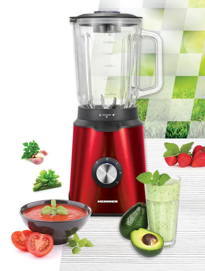Blender de masa Heinner Vitality 1000, 1000W, bol sticla 1.5L, 3 viteze+Pulse, 6 lame detasabile din inox, inox, rosu