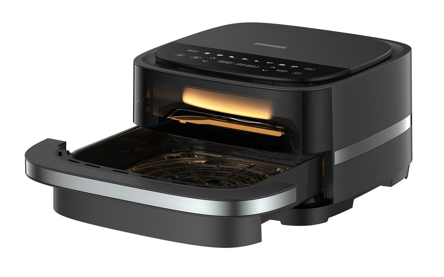 Friteuza cu aer cald si cuptor pizza 2 in 1 Heinner pizza EastFry HPAF-B4DC22BK, 2200W, capacitate 4L si 25.4 diametru pizza, control digital, 9 programe presetate, programe presetate, 40-230 grade, timer 60 min, negru