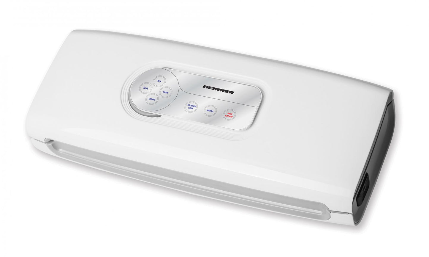 Aparat de vidat si sigilat Heinner HAV-140WH, vidare uscata/ umeda, functie marinare, sistem racire banda sigilare, furtun pentru caserole, mini-cutter incorporat, comptaibil cu pungi latime 30 cm, capacitate vidare: 7-8 l/ min, 0.6 bar, 140W, alb
