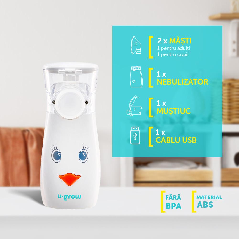 Aparat aerosoli U-Grow , portabil cu ultrasunete ,tehnologie silentoasa, masca de copii si adulti inclusa in pachet, design prietenos pentru copii