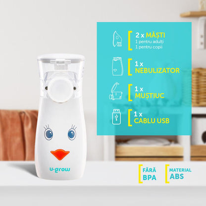 Aparat aerosoli U-Grow , portabil cu ultrasunete ,tehnologie silentoasa, masca de copii si adulti inclusa in pachet, design prietenos pentru copii