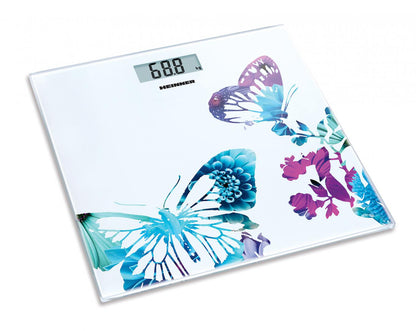 Cantar de persoane Heinner HBS-150BTF, 150kg, platforma din sticla securizata 6mm, 30 x 30 cm, display LCD, baterie inclusa CR2032, Alb/Abstract