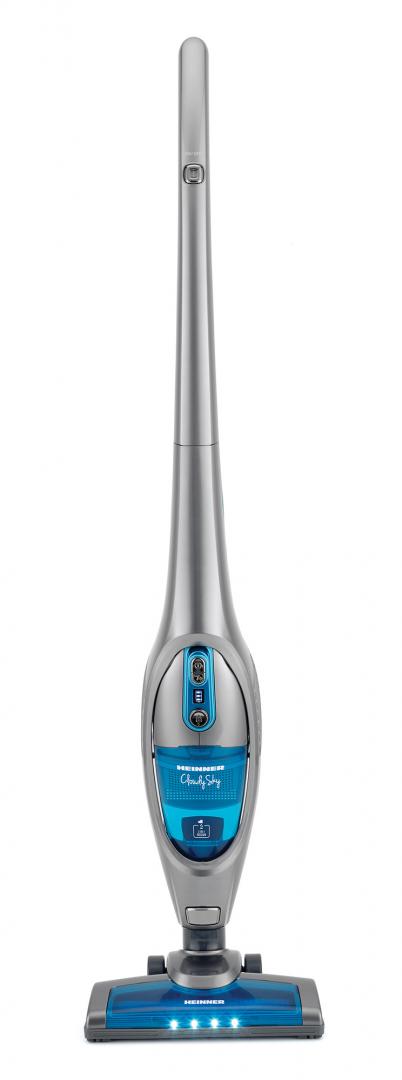 Aspirator vertical Heinner CloudySky HSVC-V21.6GR, sistem de filtrare ciclonic, dubla utilizare: aspirator vertical sau de mana, acumulator Li 22.2V, 110W, 2 viteze, putere aspirare max 8kPa, 0.5L, perie cu lumini LED, albastru/gri