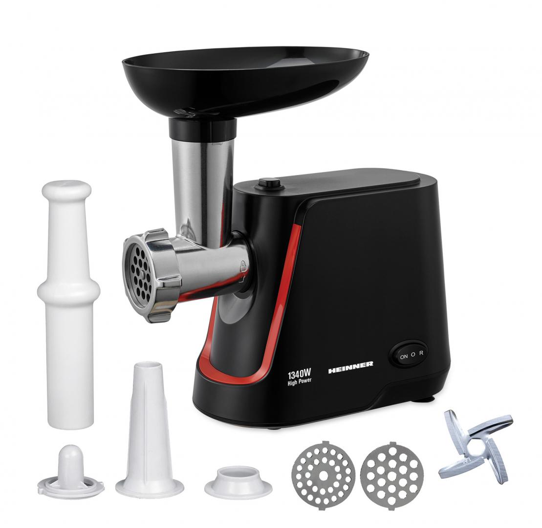 Masina de tocat Heinner MG-1250BK, 1340 W, 1.5 Kg/Min, 2 site, reverse, accesorii incluse, Negru