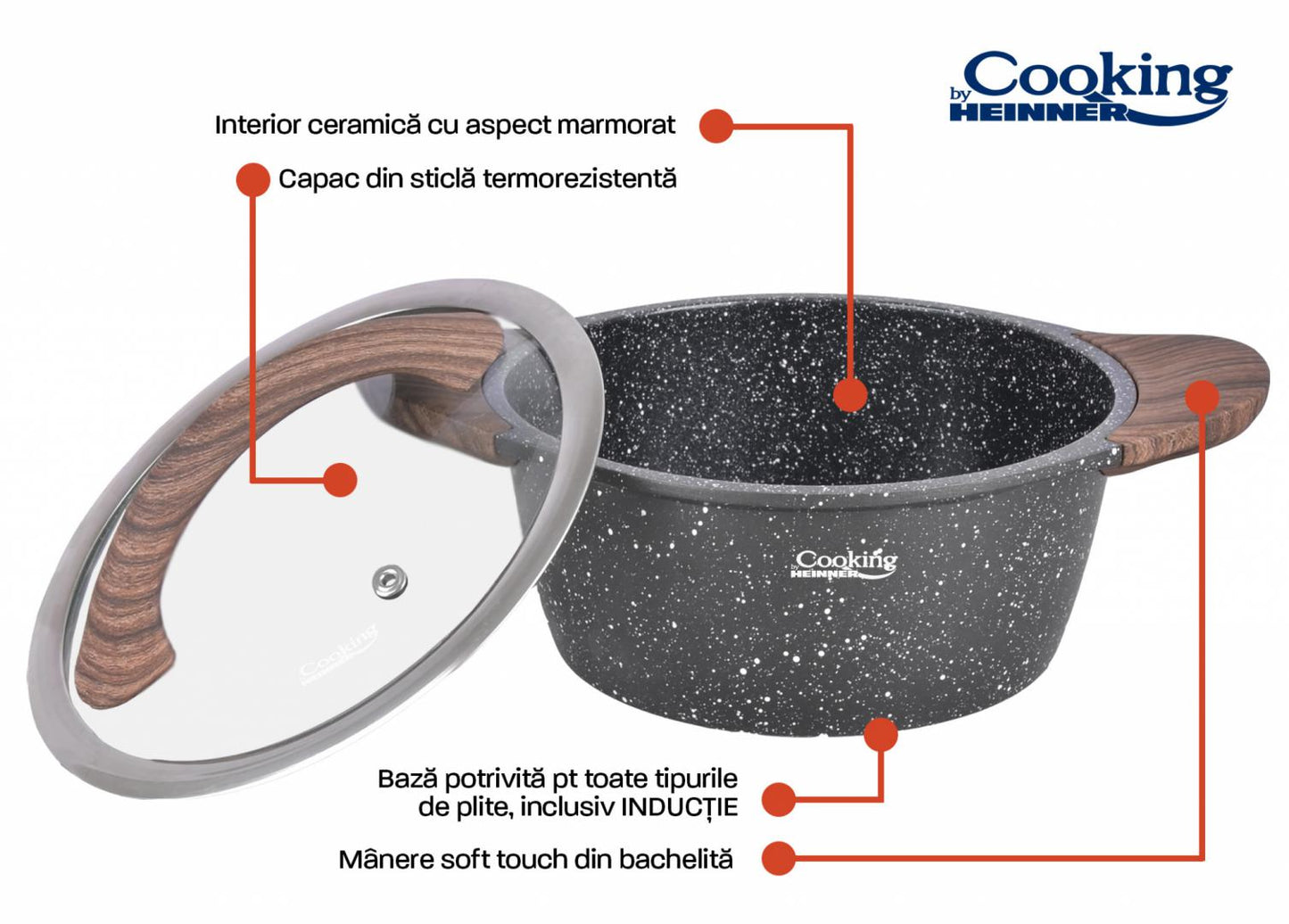 Set pentru gatit cu 6 piese Cooking by Heinner, aluminiu turnat, interior ceramic cu aspect marmorat, capace din sticla
