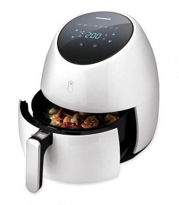 Friteuza cu aer cald Heinner Airfryer SnowDrop HAF-B2000WH, gatire fara ulei, 2000W, vas detasabil anti-adeziv, capacitate cos: 5L, afisaj digital, termostat reglabil: 80-200˚C, timer max. 60 min, Alb