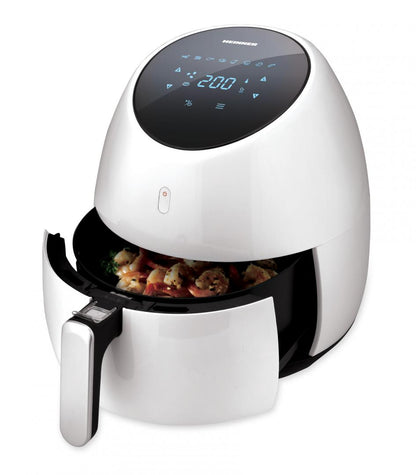 Friteuza cu aer cald Heinner Airfryer SnowDrop HAF-B2000WH, gatire fara ulei, 2000W, vas detasabil anti-adeziv, capacitate cos: 5L, afisaj digital, termostat reglabil: 80-200˚C, timer max. 60 min, Alb
