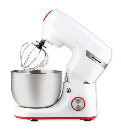 Robot de bucatarie Heinner HPM-1000WH, 1000W, miscare planetara, accesoriu masina de tocat si blender, bol 5.5 L, 10 viteze + pulse, Alb