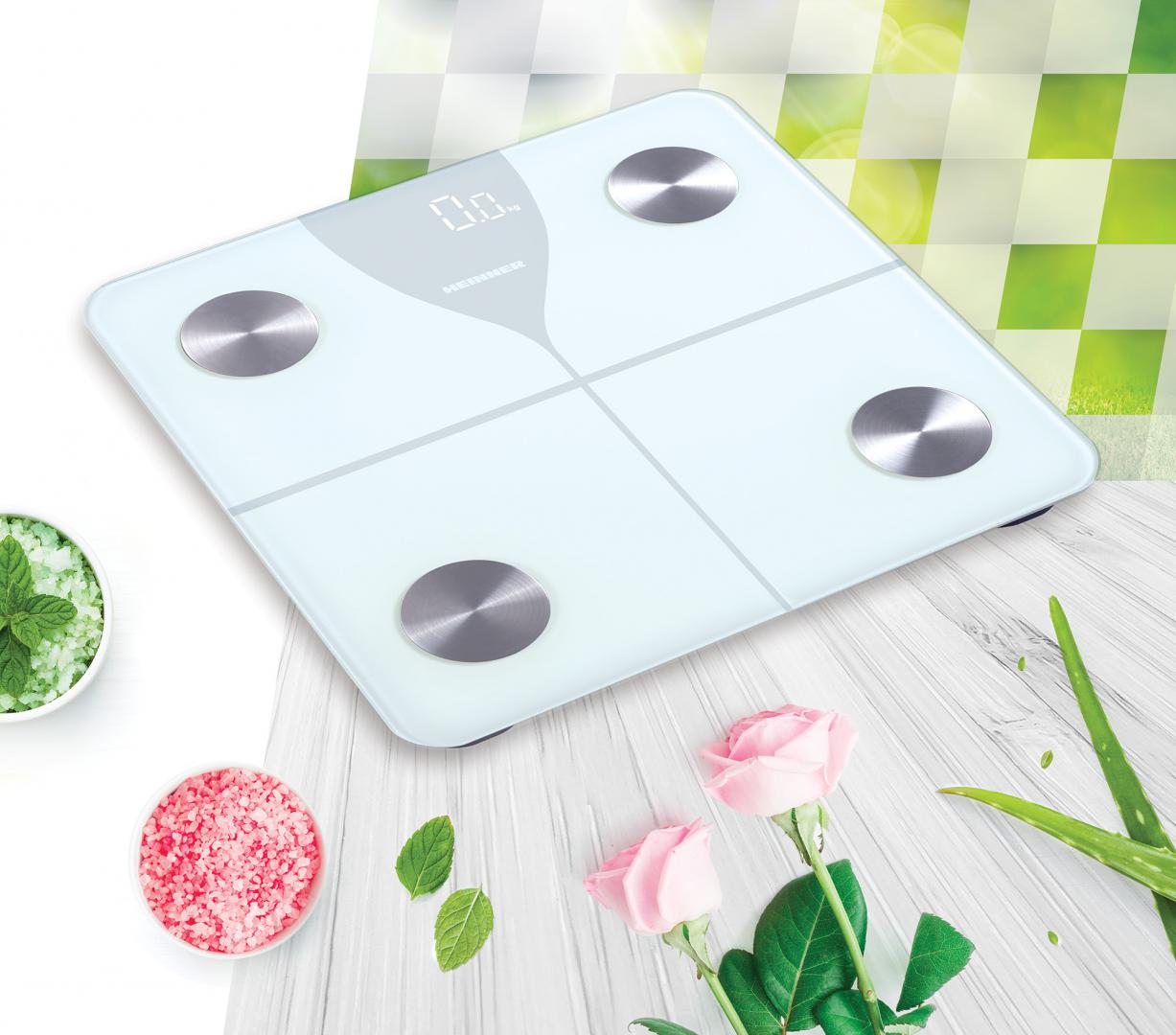 Cantar de baie inteligent Heinner HBS-BTH180WH, sticla securizata 5mm, 180kg, functie bluetooth, display led, gradare: 100g, pornire/oprire automata, baterii: 3 x 1.5v aaa (nu sunt incluse), alb