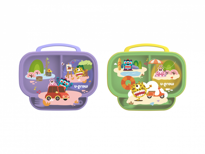 Farfurie compartimentata cu capac si lingurita si furculita, galbena, U-Grow