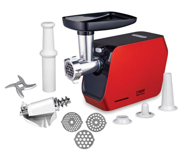 Masina de tocat Heinner MG-2100RD, 2100W, 1.8 kg/min, accesoriu rosii, accesorii carnati, cutit inox, 3 site taiere, rosu