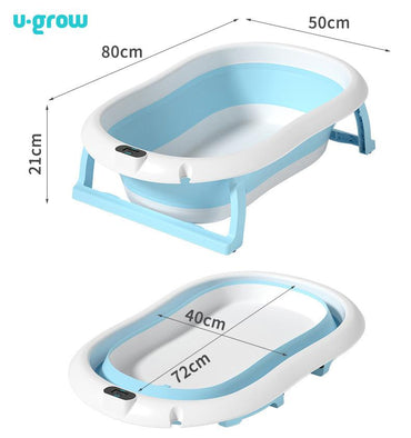 Cadita Cu Pernuta Pentru Bebelusi, Termometru Digital Incorporat, Pliabila, Dop Se Scurgere, Picioare Anti-Alunecare , Blue, U-Grow