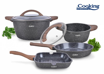 Set pentru gatit cu 6 piese Cooking by Heinner, aluminiu turnat, interior ceramic cu aspect marmorat, capace din sticla