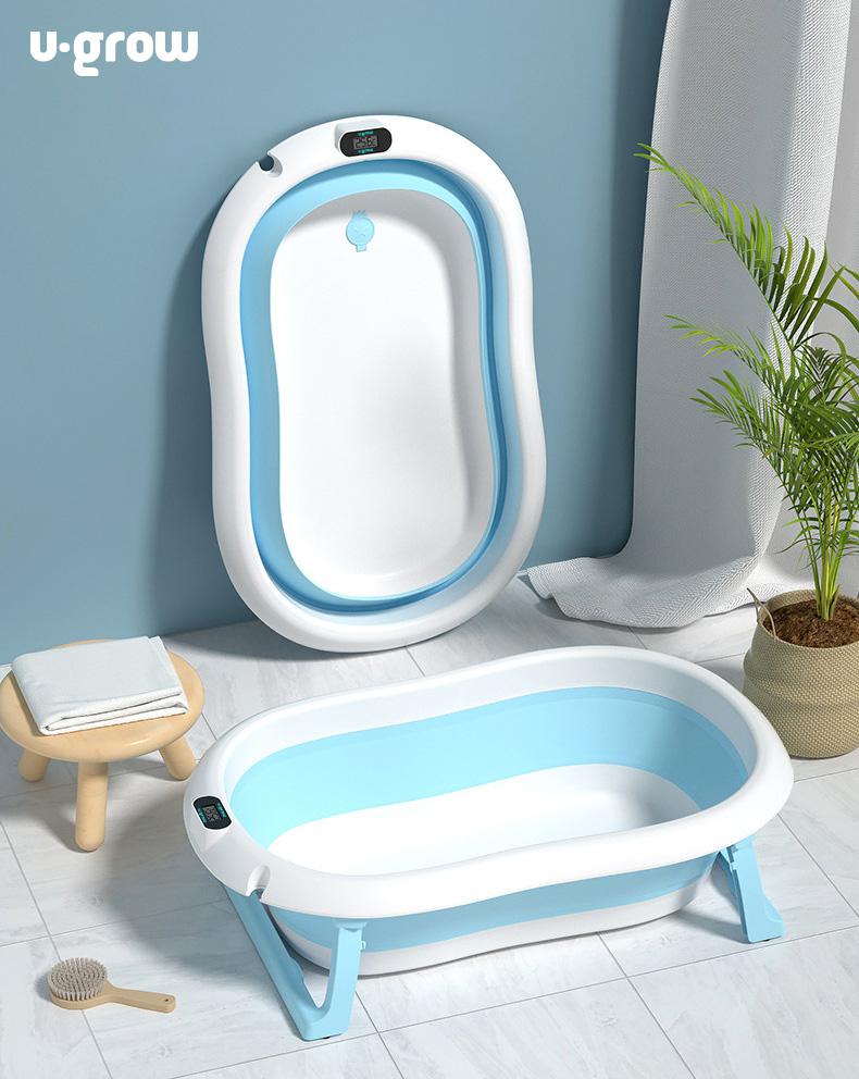 Cadita Cu Pernuta Pentru Bebelusi, Termometru Digital Incorporat, Pliabila, Dop Se Scurgere, Picioare Anti-Alunecare , Blue, U-Grow