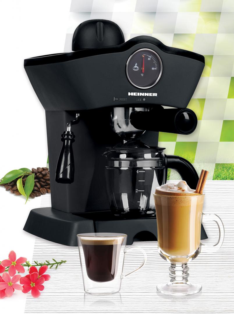 Espressor manual Heinner Retro Effect HEM-200BK, 800W, 3.5bar, capacitate rezervor 0.24L, termometru frontal apa, optiuni preparare: espresso si cappuccino, Negru
