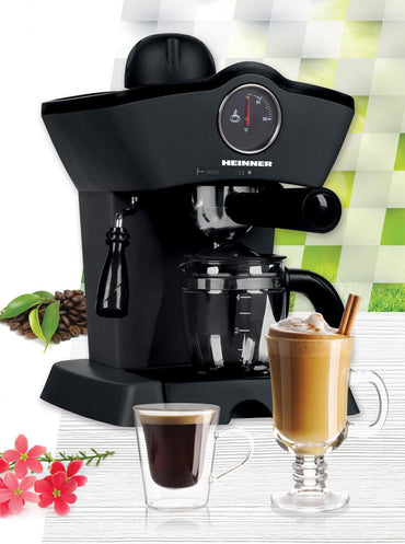 Espressor manual Heinner Retro Effect HEM-200BK, 800W, 3.5bar, capacitate rezervor 0.24L, termometru frontal apa, optiuni preparare: espresso si cappuccino, Negru