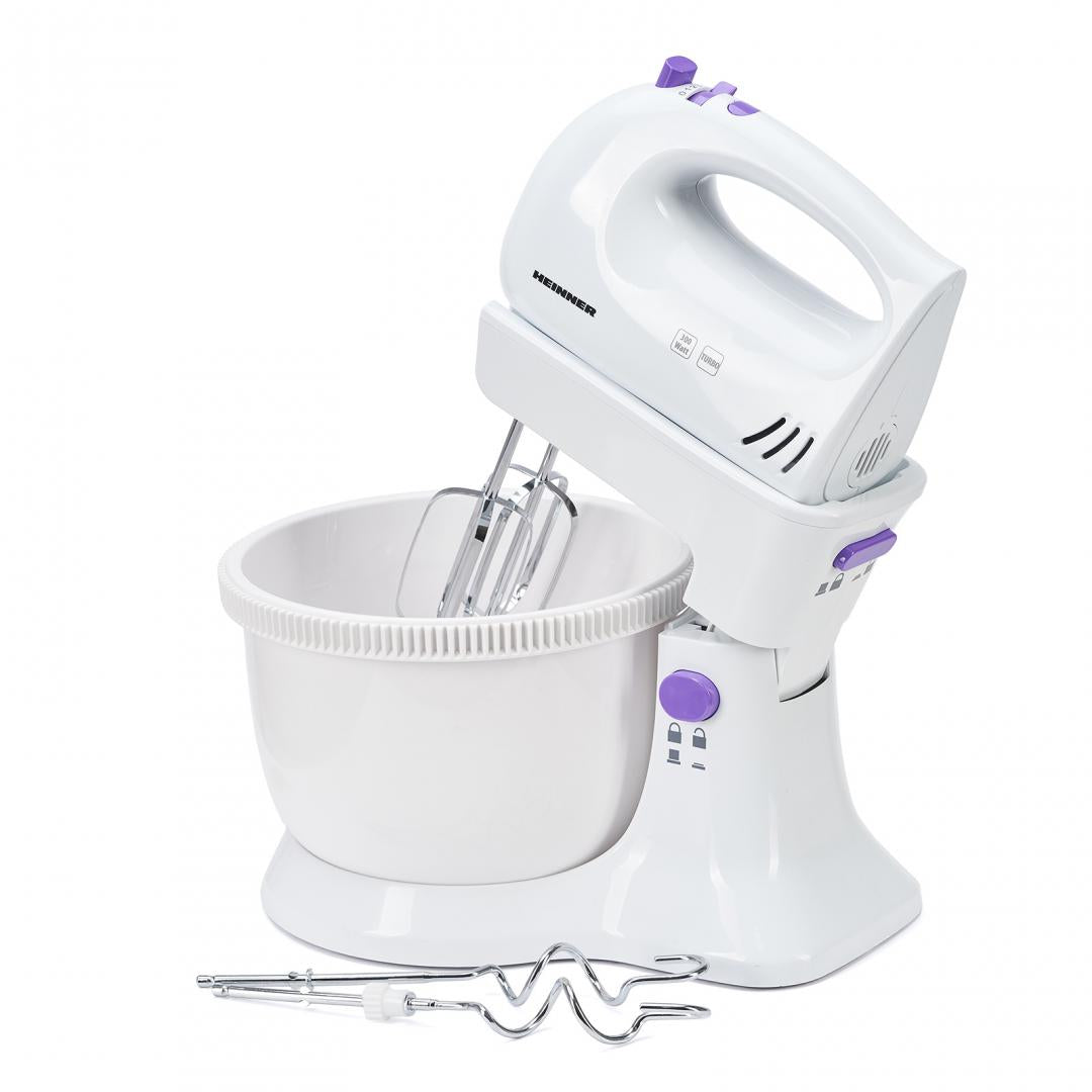 Mixer cu bol Heinner Charm, 300W, 5 viteze + turbo, Alb/Mov