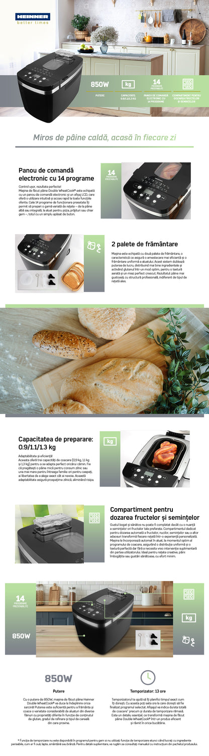 Masina de paine Heinner HBM-D850BK2P, 850W, Capacitate 900-1300g, 14 programe, Negru