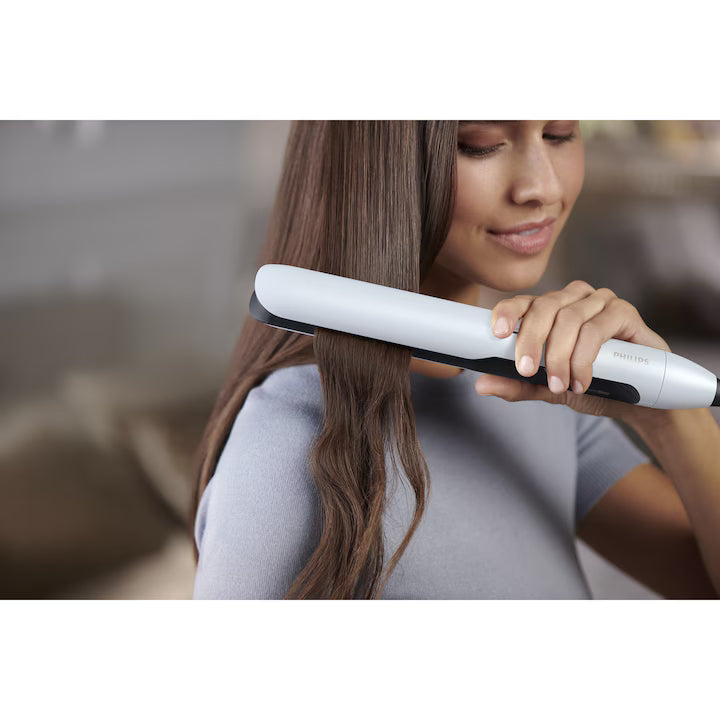 Placa de indreptat parul Philips Prestige BHS520/00, tehnologie ThermoShield, placi infuzate cu ulei de argan, 230°C, ingrijire ioni, 12 setari temperatura, husa termorezistenta, Albastru deschis