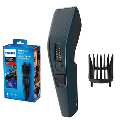 Masina de tuns PHILIPS Seria 3000 HC3505/15, 13 setari de lungime (0.5-23 mm), urilizare cu fir, lame din otel inoxidabil cu autoascutire, tehnologie Trim-and-Flow, Negru/Albastru