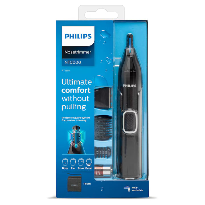 Trimmer pentru nas/urechi Philips NT5650/16, baterie, lavabil, utilizare umed si suscat, tehnologie Precision Trim, otel inoxidabil, pieptene pentru sprancene, 2 piepteni 3-5 mm, Negru