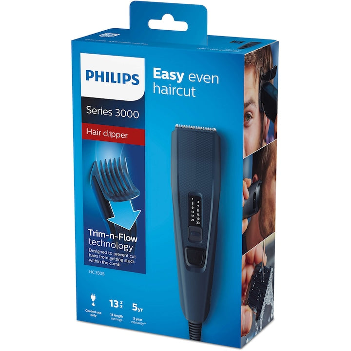 Masina de tuns PHILIPS Seria 3000 HC3505/15, 13 setari de lungime (0.5-23 mm), urilizare cu fir, lame din otel inoxidabil cu autoascutire, tehnologie Trim-and-Flow, Negru/Albastru