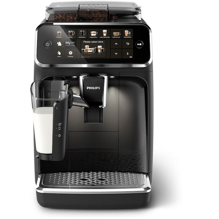 Espressor automat Philips EP5441/50 seria 5400, solutie de lapte LatteGo, 12 tipuri de bauturi, ecran tactil, rasnita ceramica, functie QuickStart, preparare silentioasa, jet suplimentar, 12 setari macinare, 4 profiluri de utilizator, negru