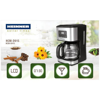Cafetiera digitala Heinner HCM-D915, 900W, 1.5L, Timer, LCD, Negru-Inox