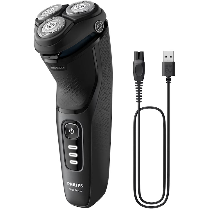 Aparat de ras PHILIPS Shaver Seria 3000 S3244/12, barbierit umed şi uscat, fara fir, capete 5D pivotante si flexibile, lame autoascutire, 60 min, sistem de barbierire anticoroziune, capac de protectie, Negru