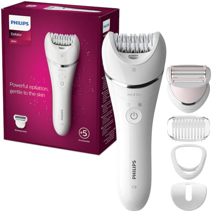 Epilator umed și uscat Philips BRE710/00, 5 accesorii, 32 pensete, utilizare fara fir, 2 setari viteza, opti-light, discuri ceramice, Argintiu