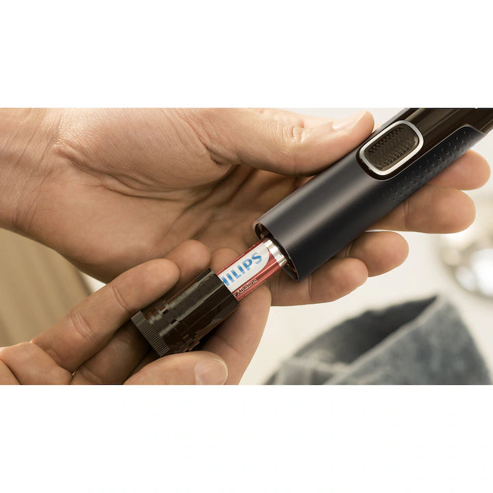 Trimmer pentru nas/urechi Philips NT5650/16, baterie, lavabil, utilizare umed si suscat, tehnologie Precision Trim, otel inoxidabil, pieptene pentru sprancene, 2 piepteni 3-5 mm, Negru