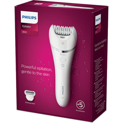 Epilator umed și uscat Philips BRE710/00, 5 accesorii, 32 pensete, utilizare fara fir, 2 setari viteza, opti-light, discuri ceramice, Argintiu