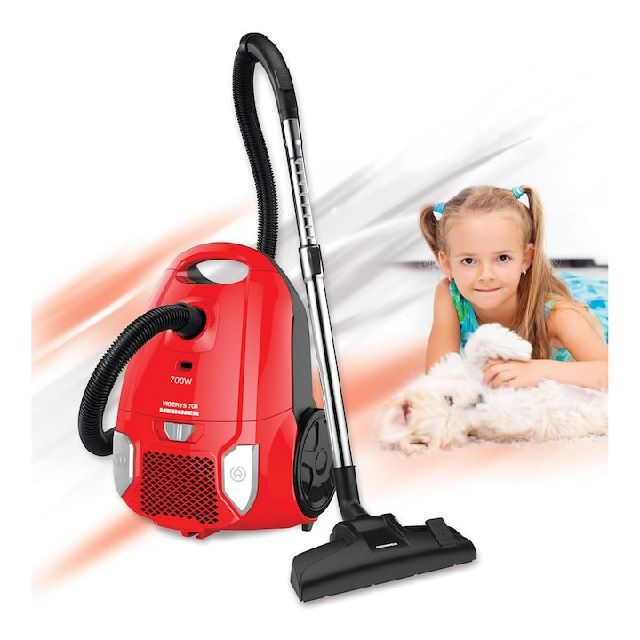 Aspirator cu sac Heinner HVC-MRD1400, 700 W, sac textil, 3 L, putere variabila, HEPA 12, tub telescopic metalic, rosu