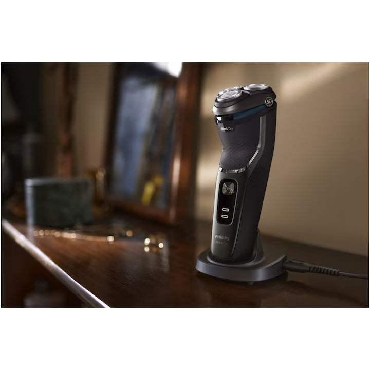 Aparat de ras PHILIPS Shaver Seria 3000 S3343/13, barbierit umed şi uscat, fara fir, capete 5D pivotante si flexibile, lame autoascutire, 60 min, sistem de barbierire anticoroziune, capac de protectie, suport de incarcare, Negru