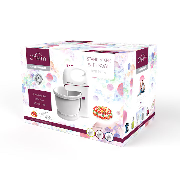 Mixer cu bol Heinner Charm HMB-350BG, 300W, 5 viteze + turbo, teluri si palete inox, bol rotativ 2.5l, alb/visiniu